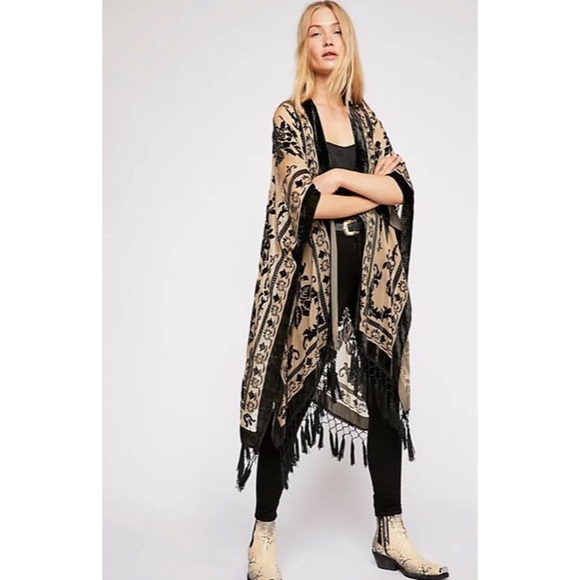 Free People Other - FREE PEOPLE Nude Black Burnout Velvet Kimono